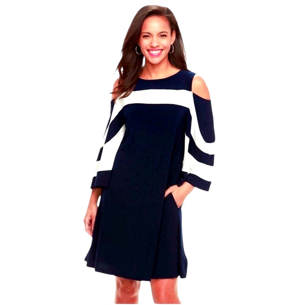 Nina Leonard Women’s Ity Navy Blue White Stripe Cold Shoulder Dress Size L‎